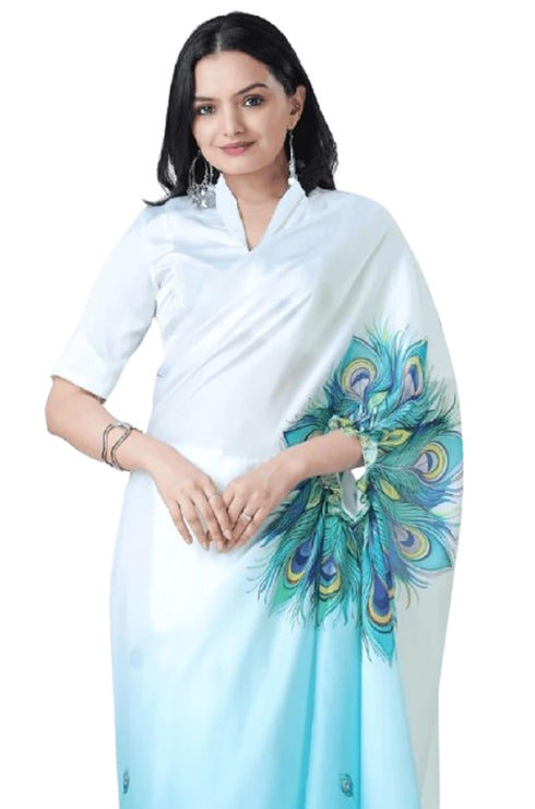Vasthrlay Printed Kaftan Freehand Light Blue Soft Satin Saree