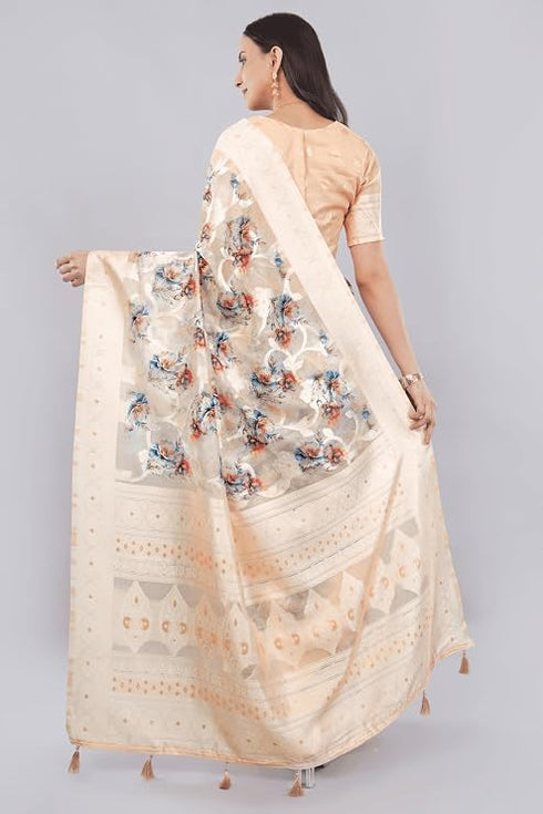 Vasthrlay Cream Peach Floral Print Chanderi Silk Blend Saree With Unstitched Blouse Piece