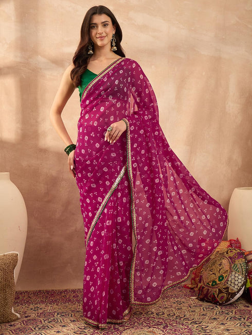 Vasthrlay Vasthrlaywomenspinkgeorgettebandhaniprintembroideredlaceworksareewithunstitchedblousepiece Sareeforwoman Designersareeforwomen Tr Ethnic Wear
