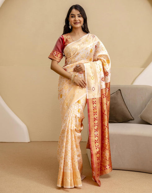 Vasthrlay Womens Banarasi Unstitched Off White Saree