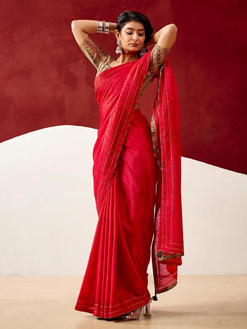 Vasthrlay Embroidery Peach Saree