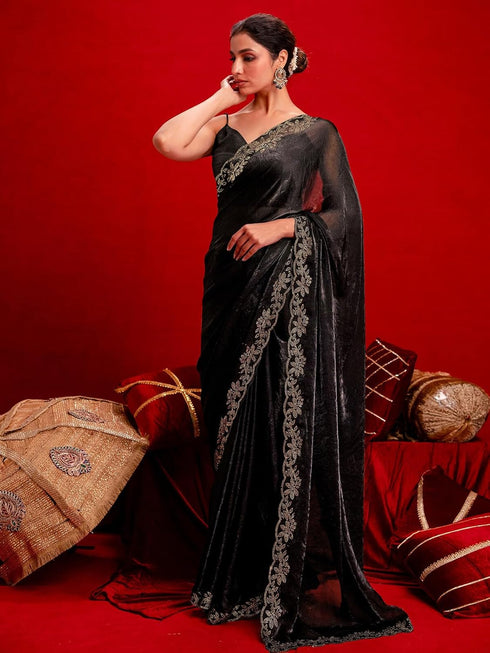 Vasthrlay Shimmer Scalloped Unstitched Maroon Saree