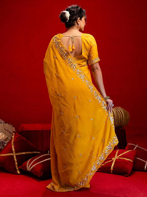 Vasthrlay Scalloped Embroidery Wine Saree