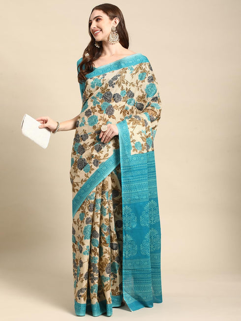 Vasthrlay Cotton Printed Mulmul Blue Saree