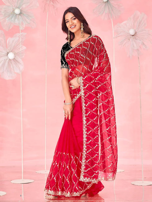 Vasthrlay Sequins Embroidery Red Saree