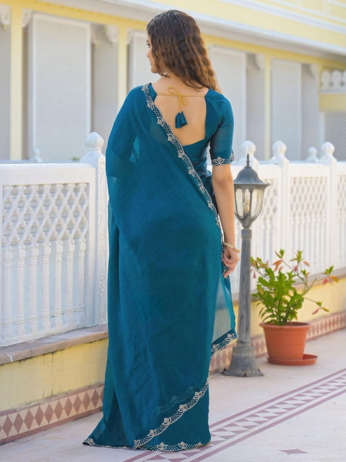 Vasthrlay Scalloped Embroidery Yellow Saree
