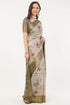 Vasthrlay Off White Textured Polyester Saree With Kalamkari Floral Border And Ruched Unstitched Blouse Piece