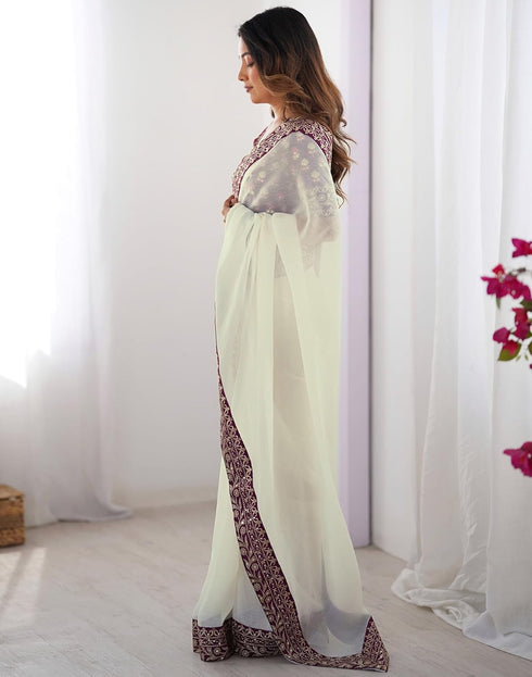 Vasthrlay Sequence Embroidery Unstitched Off White Saree