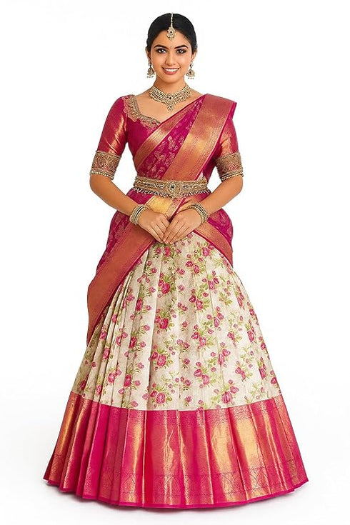 Vasthrlay Renvaani Fashion Kanjivaram Silk Half Saree Set With Dupatta - Pink Flower