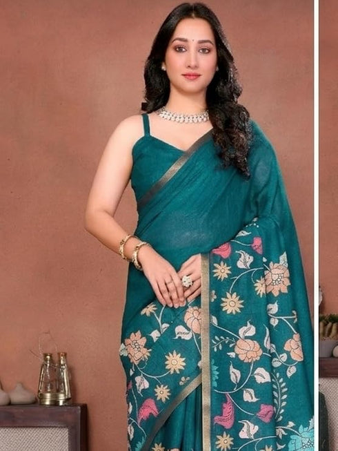 Vasthrlay Turquoise Floral Print Ready To Wear Linen Saree