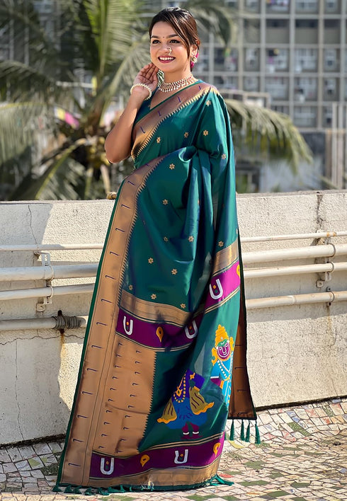 Vasthrlay Kanjivaram Paithani Unstitched Mahendi Ethnic Wear