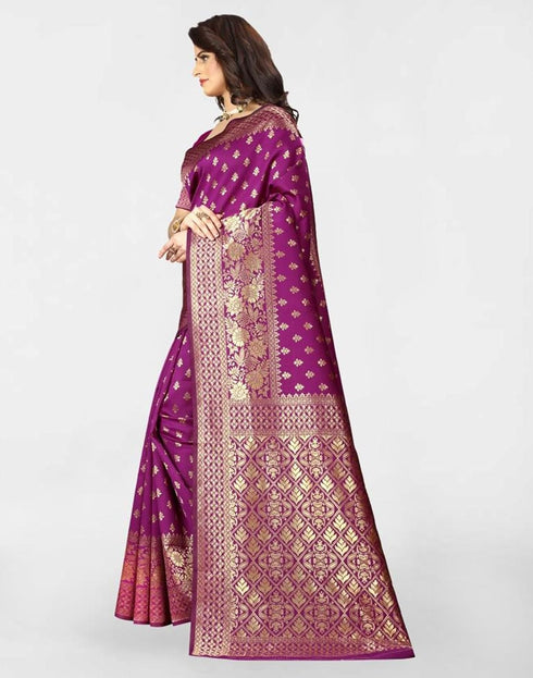 Vasthrlay Banarasi Jacquard Purple Saree With Dark Magenta Unstitched Blouse Piece