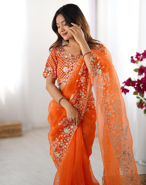 Vasthrlay Georgette Embroidery Mustard Mustard Yellow Saree