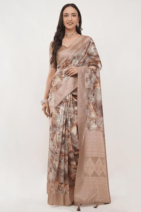 Vasthrlay Brown Floral Print Chanderi Silk Blend Saree With Unstitched Blouse Piece