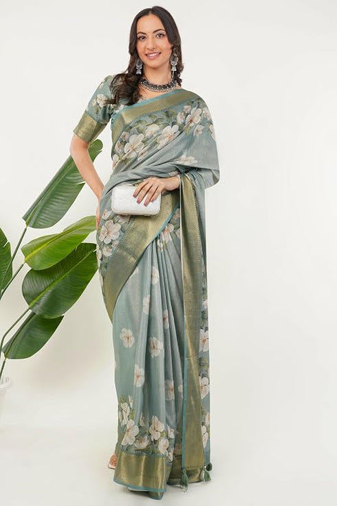 Vasthrlay Sea Green Textured Polyester Saree With Kalamkari Floral Border And Ruched Unstitched Blouse Piece