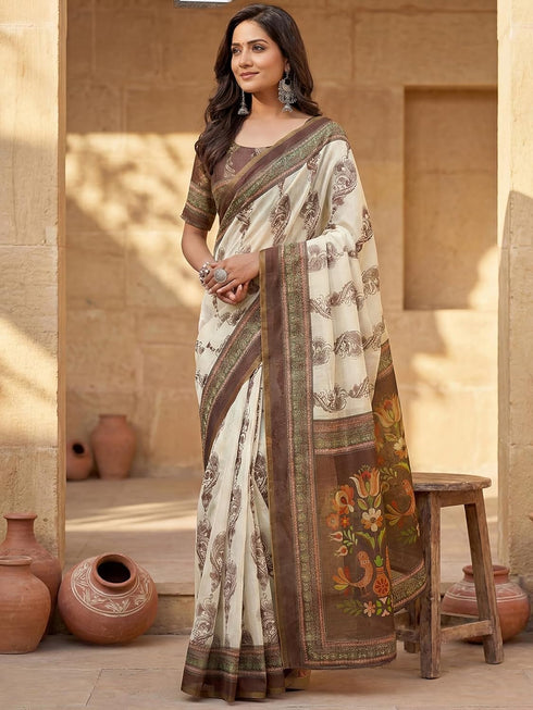 Vasthrlay Chanderi Printed Coffee Saree