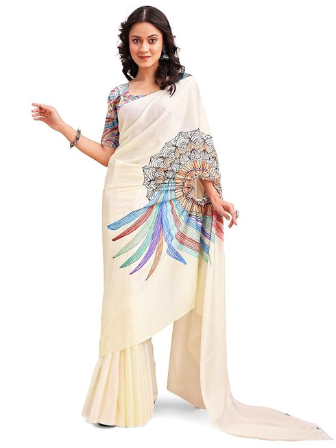 Vasthrlay Printed Kaftan Freehand Off White-Multi Bollywood Satin Saree with Unsticted Blouse Piece