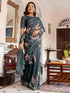 Vasthrlay Womens Printed Dusty Rama Blue Saree With Grey Unstitched Blouse Piece
