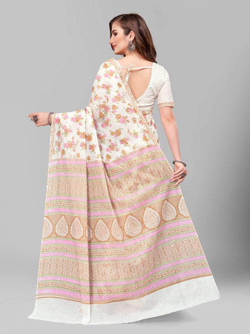 Vasthrlay Cotton Printed Mulmul Cream Saree