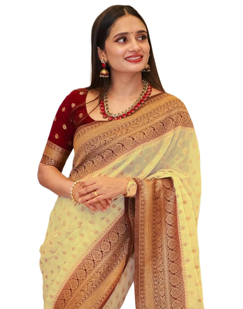Vasthrlay Banarasi Jacquard Unstitched Off White Saree