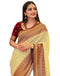 Vasthrlay Banarasi Jacquard Beige And Golden Saree With Red Unstitched Blouse Piece