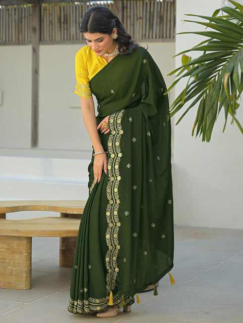 Vasthrlay Chinnon Embroidery Lime Saree