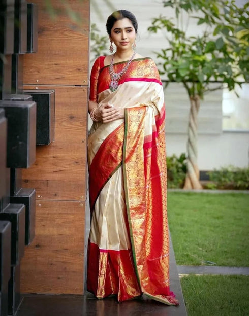 Vasthrlay Banarasi Jacquard Unstitched Beige Saree