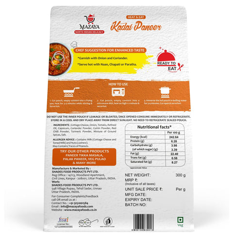 MAZAYA Heat & Eat Fully Cooked Ready to Eat Kadhai Paneer (Veg)