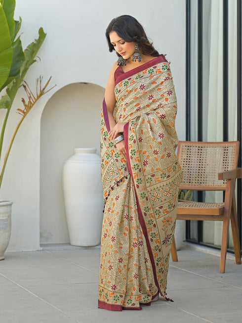Vasthrlay Printed Tassels Unstitched Khaki Saree