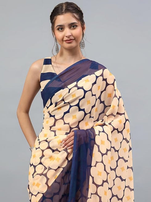 Vasthrlay Peach Brown Faux Georgette Ethnic Geometric Printed Saree With Unstitched Blouse