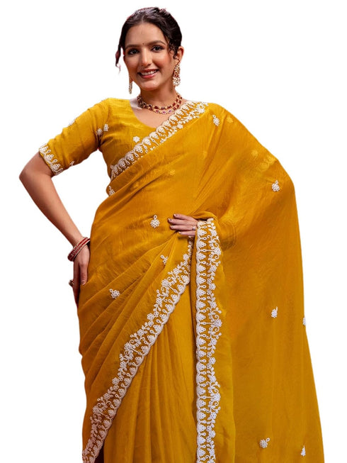 Vasthrlay Sequins Embroidery Turmeric Saree