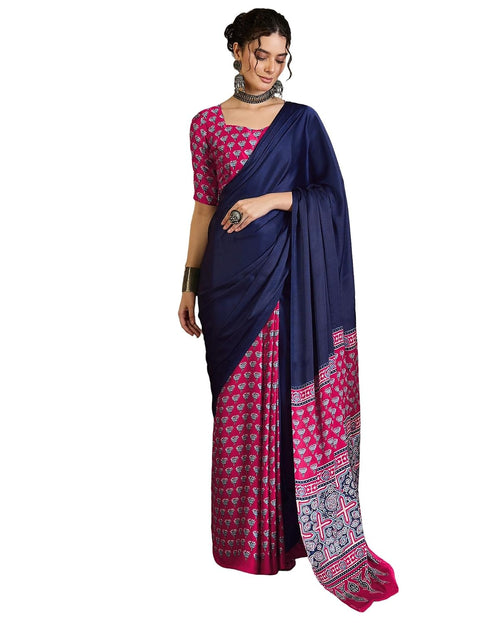 Vasthrlay Printed Tassels Navy Blue | Rani Pink Saree With Unstitched Blouse Piece