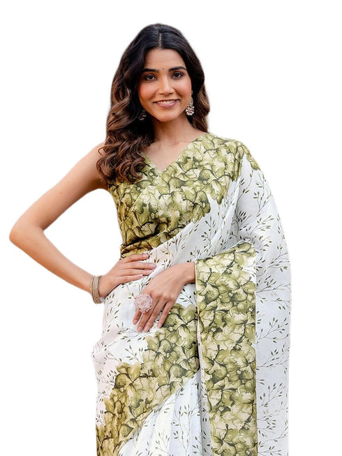 Vasthrlay Womens Printed Unstitched White Saree