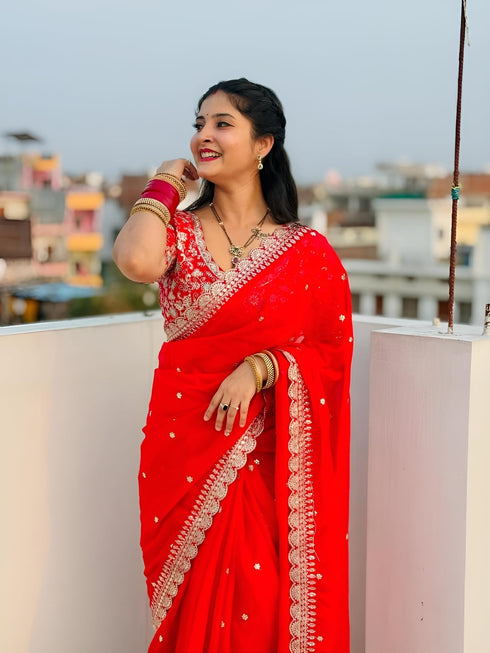 Vasthrlay Red Embroidery Saree