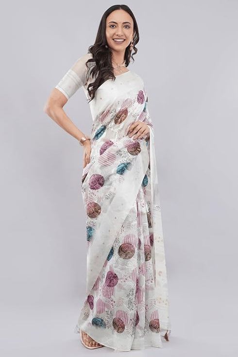 Vasthrlay White Floral Print Chanderi Silk Blend Saree With Unstitched Blouse Piece