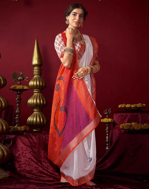 Vasthrlay Womens Printed Unstitched White Saree