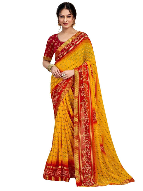 Vasthrlay Chiffon Bandhani Unstitched Yellow Saree