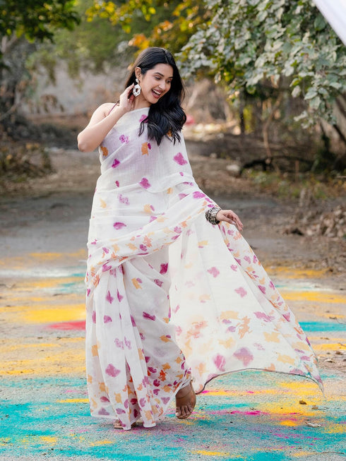 Vasthrlay Printed White Saree