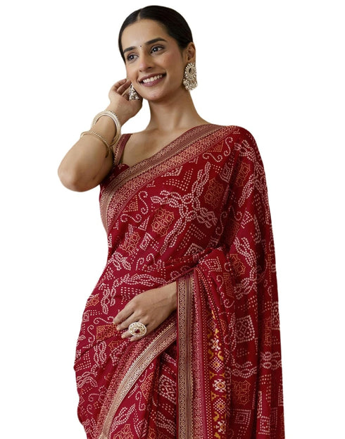 Vasthrlay Georgette Bandhani Unstitched Maroon Saree