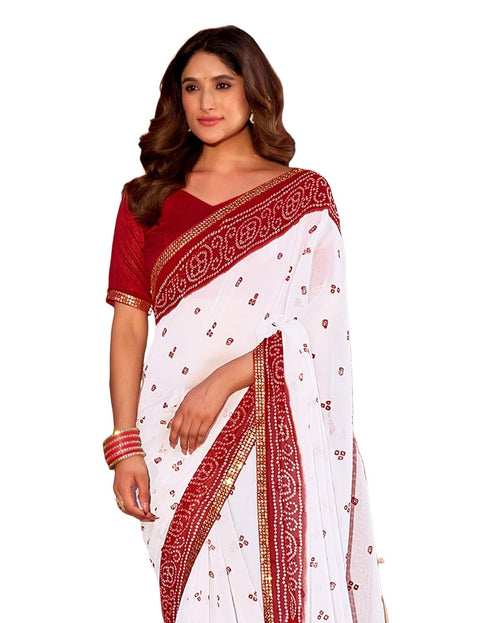 Vasthrlay Bandhani Georgette Unstitched White Saree