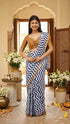 Vasthrlay Blue White Striped | Floral | Solid Print Design Linen Saree With Solid Unstitched Linen Blouse Piece