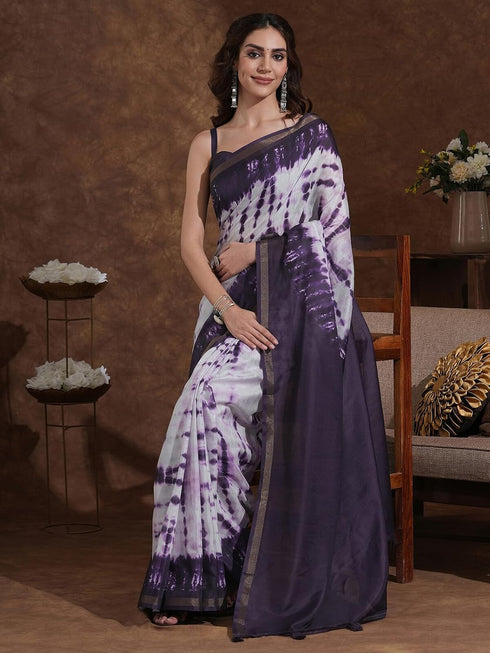 Vasthrlay Weaving Printed Off White And Dark Violet Saree With Unstitched Blouse Piece