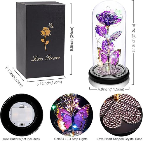 Crystal Flower Light Up Rose in Glass Dome with Butterfly