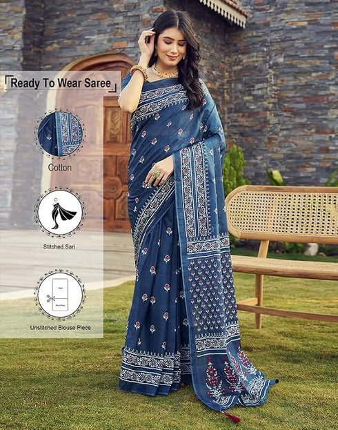 Vasthrlay Womens Printed Teal Blue Saree With Unstitched Blouse Piece