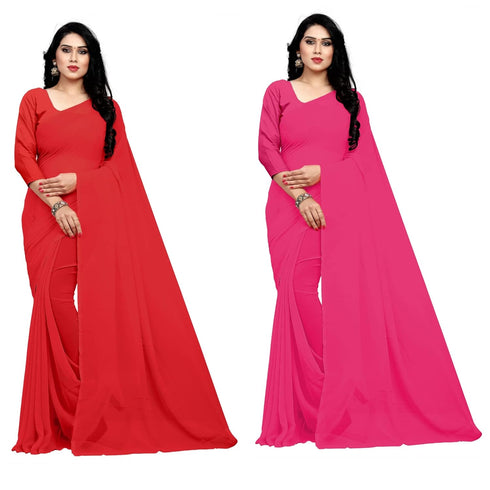 Vasthrlay Georgette Unstitched Red Pink Free Ethnic Wear