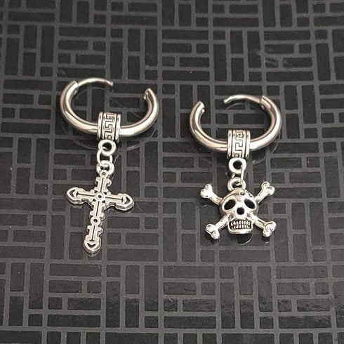M Men Style Christ Jesus Cross With Gothic Skeleton Head Dangle Hoop Studs
