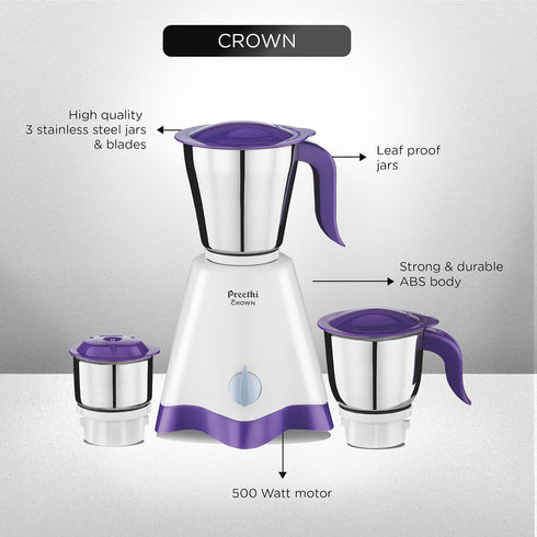 Preethi Crown MG-205 500-Watt Mixer Grinder, White/Purple