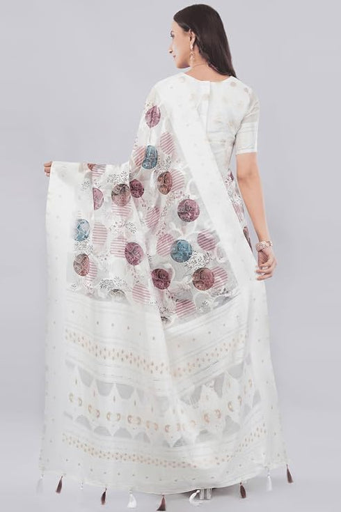 Vasthrlay White Floral Print Chanderi Silk Blend Saree With Unstitched Blouse Piece