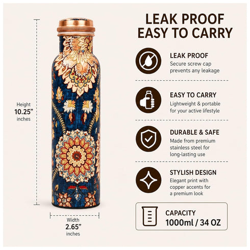 Pure Copper Floral Patterns Water Bottle 1000ml