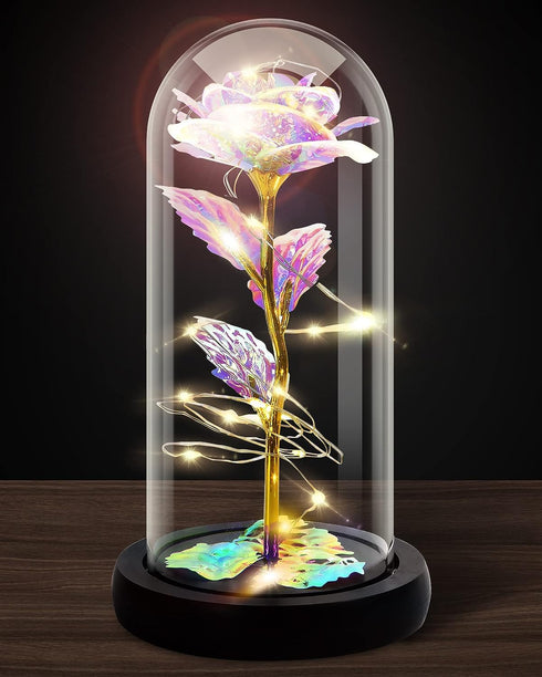 ETONWALL Valentines Day Artificial Rose Flower Gift in Glass Dome with Teddy & LED Light